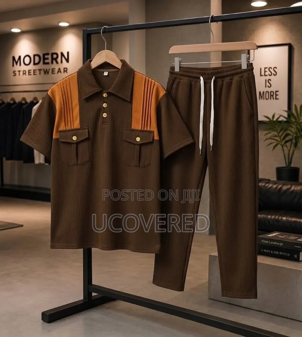 Two-Piece Set Features a Waffle-Knit Short-Sleeve Polo With Trousers