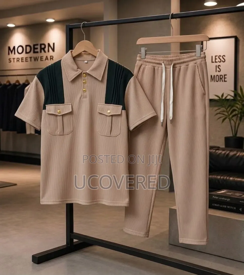 Two-Piece Set Features a Waffle-Knit Short-Sleeve Polo With Trousers
