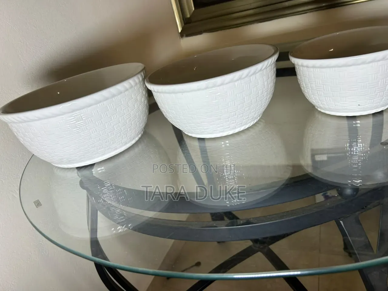 Set of 3 Woven Basket-Weave Ceramic Serving Bowls.