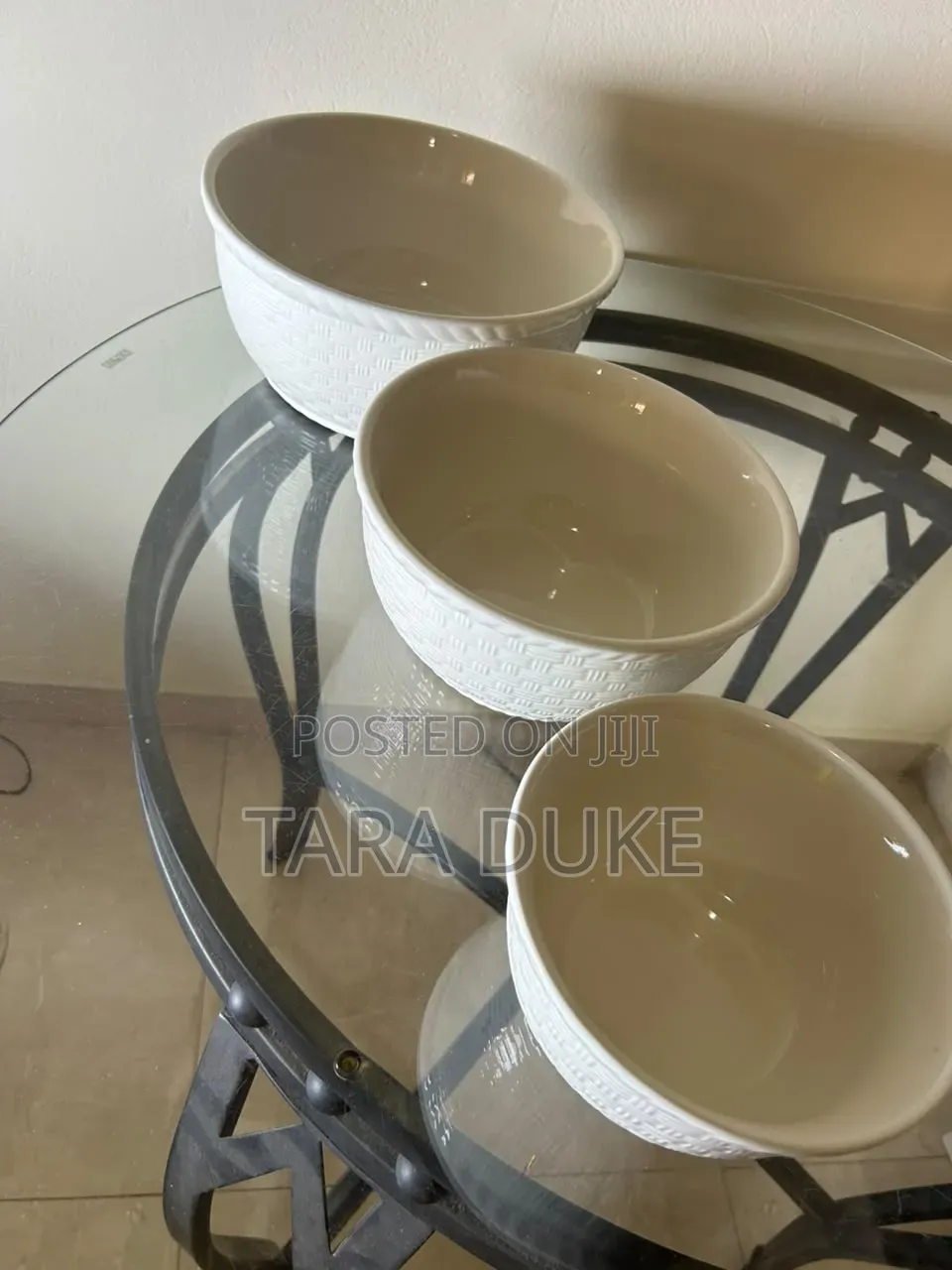 Set of 3 Woven Basket-Weave Ceramic Serving Bowls.