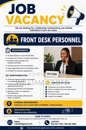 Front Desk Personnel and Cashier