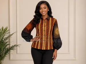 Elegant African Print Balloon Sleeve Button-Up Blouse