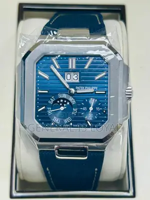 Rectangle Patek Philippe Cubitus Bold Platinum Sunburst Blue Dial.