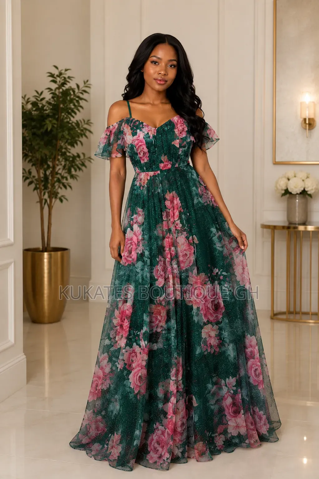 Emerald Bloom Off-Shoulder Maxi Dress
