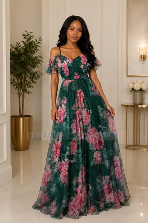 Emerald Bloom Off-Shoulder Maxi Dress