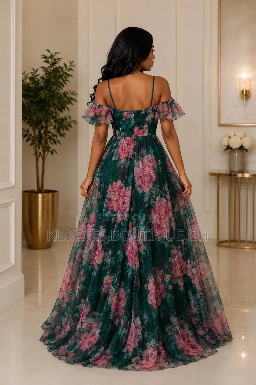 Emerald Bloom Off-Shoulder Maxi Dress
