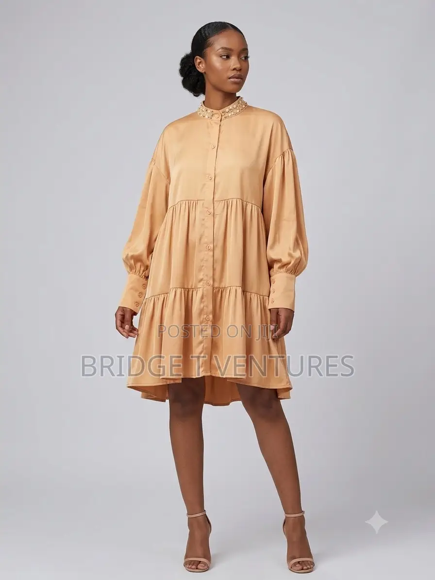 Pearl Collar Tiered Mini Shirt-Dress
