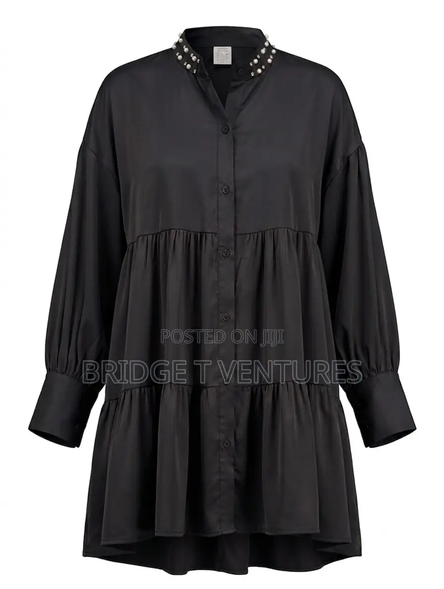 Pearl Collar Tiered Mini Shirt-Dress