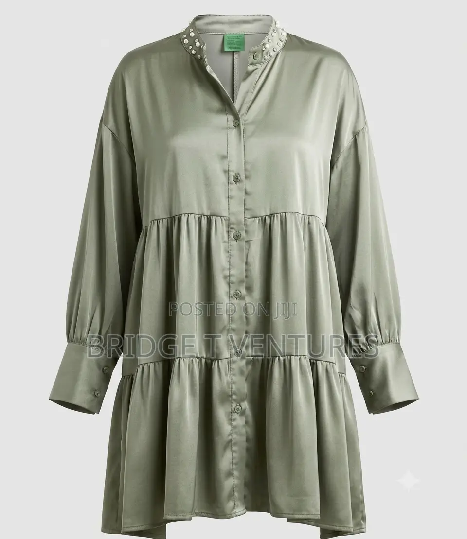 Pearl Collar Tiered Mini Shirt-Dress