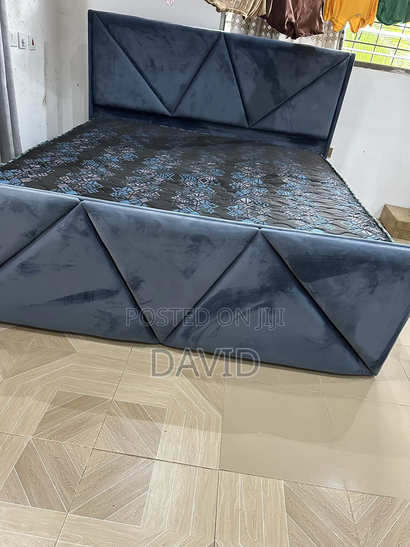 Orthopedic Queen Size Mattress Plus a Blue Velvet Bed Frame