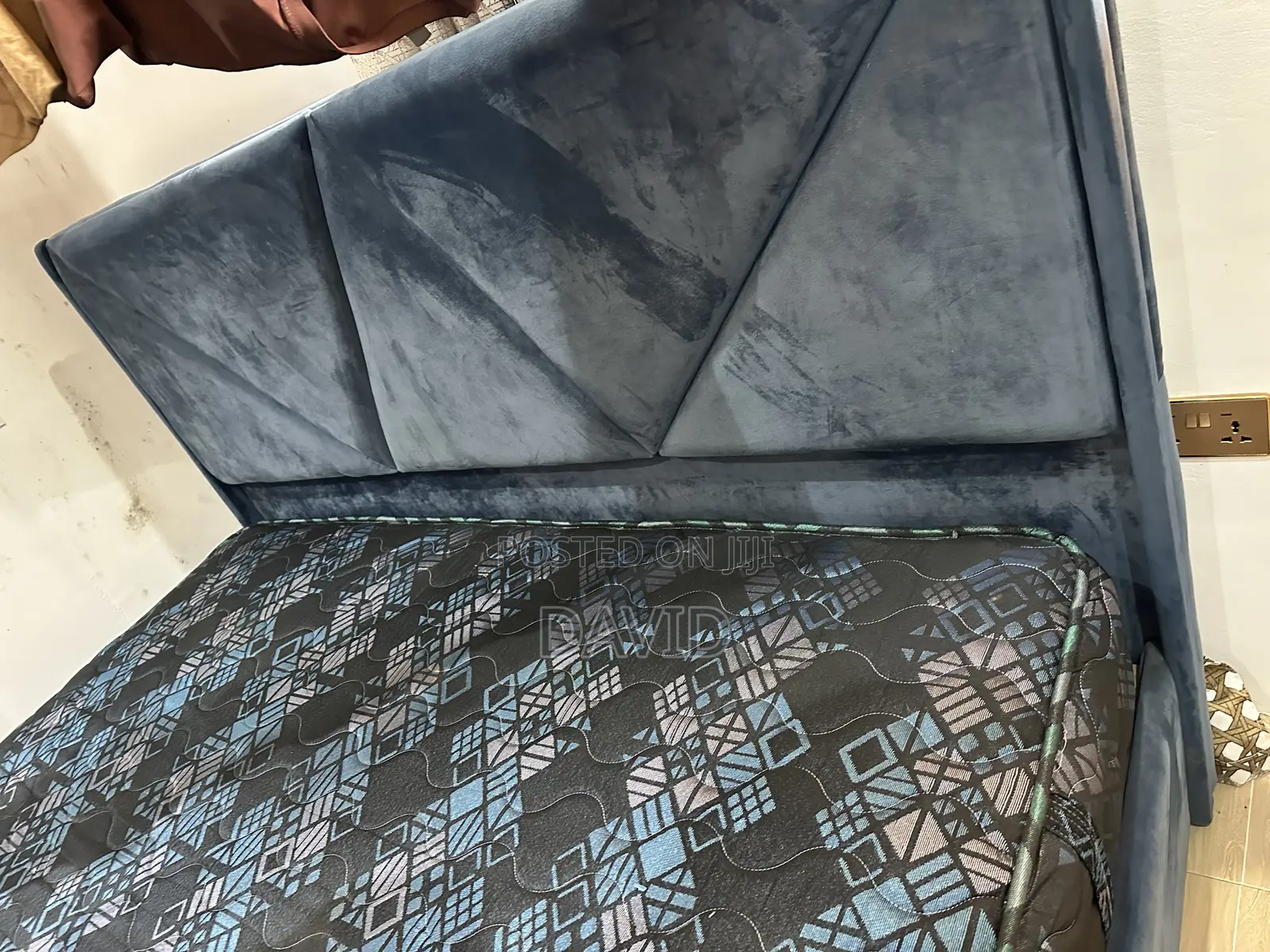 Orthopedic Queen Size Mattress Plus a Blue Velvet Bed Frame