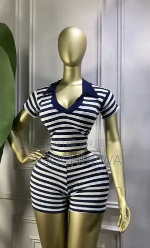 `Navy Blue White Striped Polo Crop Top and Shorts Set`