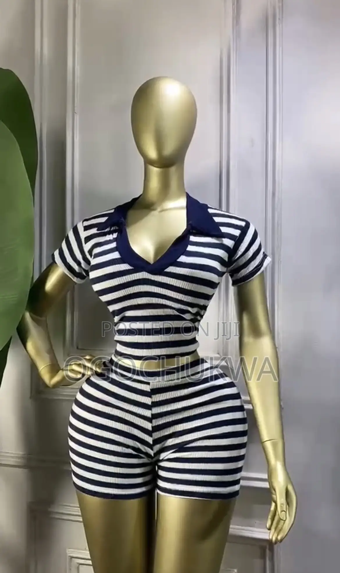 `Navy Blue White Striped Polo Crop Top and Shorts Set`