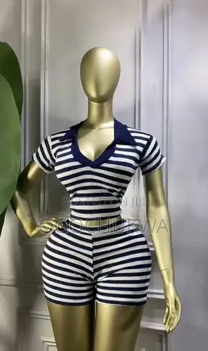 `Navy Blue White Striped Polo Crop Top and Shorts Set`