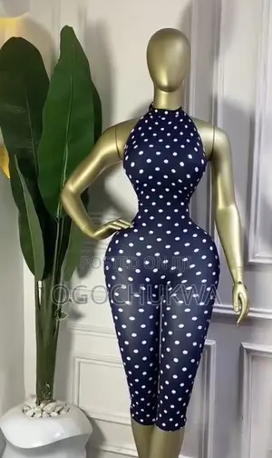 `Navy Blue White Polka Dot Halter Bodycon Jumpsuit`