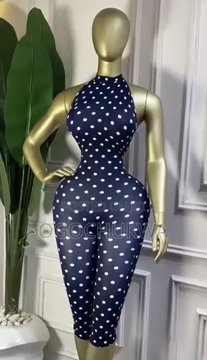 `Navy Blue White Polka Dot Halter Bodycon Jumpsuit`