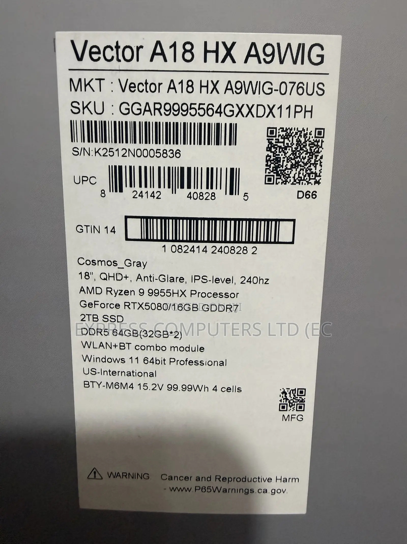 New Laptop MSI Vector 17 HX AI A2XWJG 64GB AMD Ryzen 9 SSD 2T