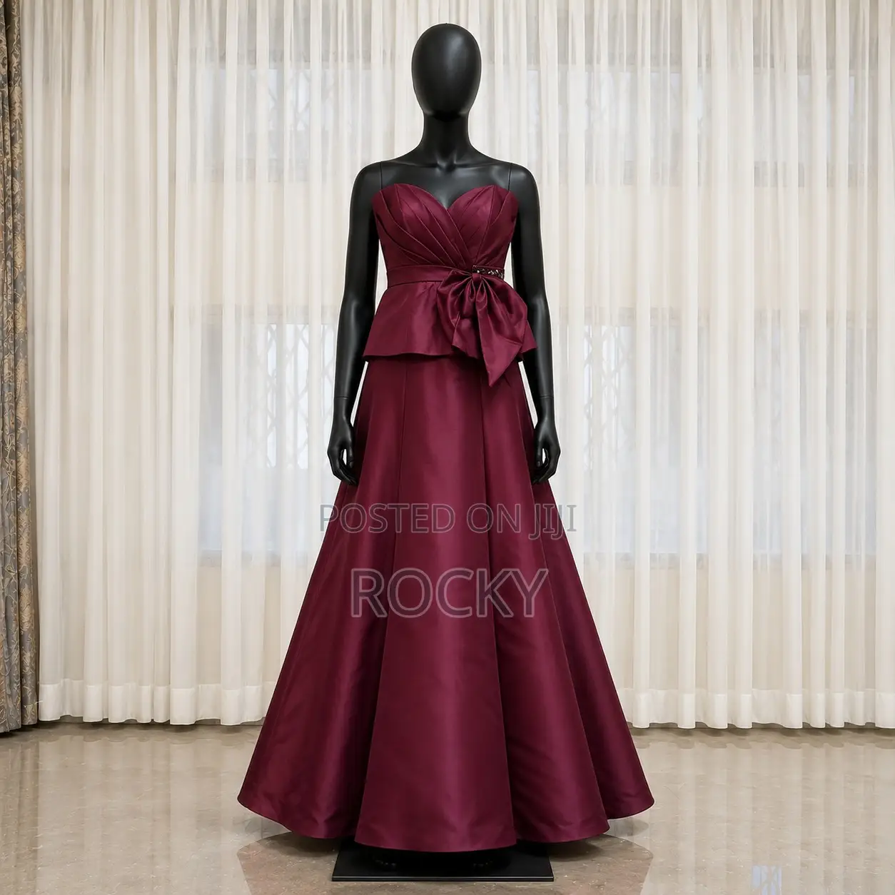 Burgundy Wine Strapless Peplum Bow Evening Gown