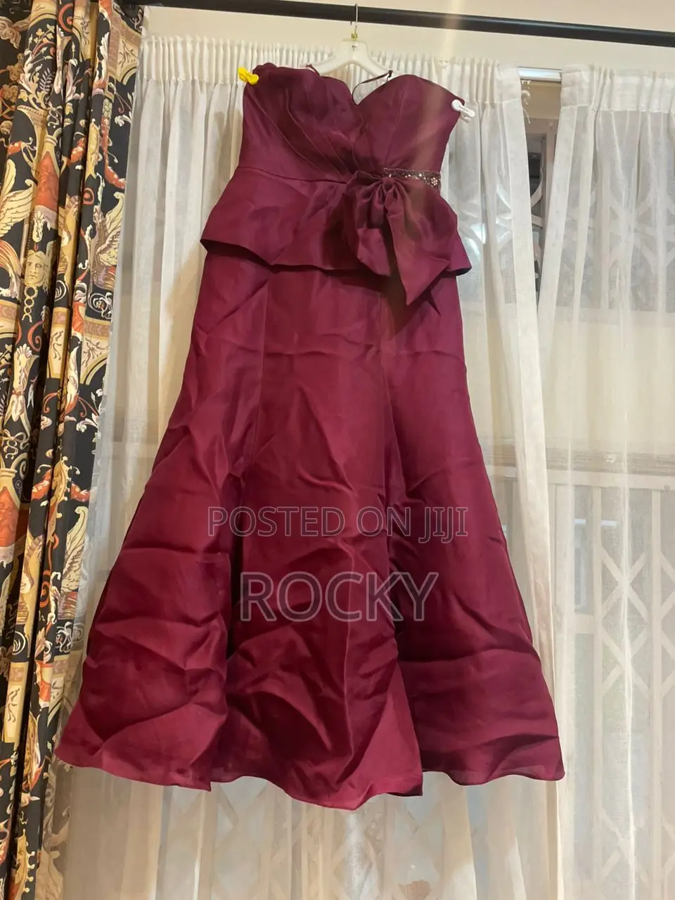 Burgundy Wine Strapless Peplum Bow Evening Gown