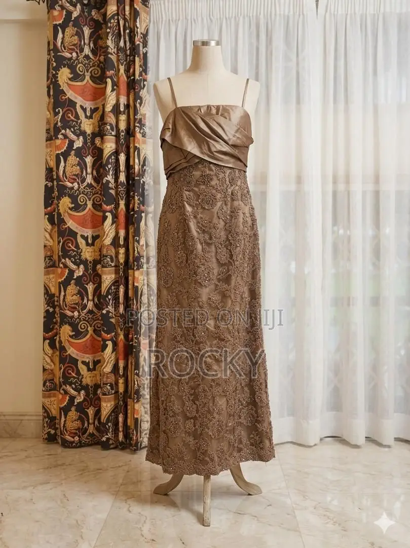 Bronze Gold Strapless Metallic Lace Pleated Evening Gown