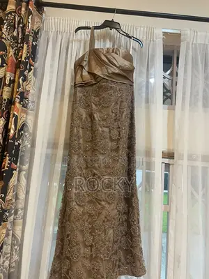 Bronze Gold Strapless Metallic Lace Pleated Evening Gown