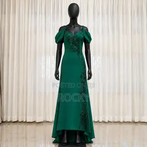 Emerald Green Off-the-Shoulder Embroidered Lace Evening Gown