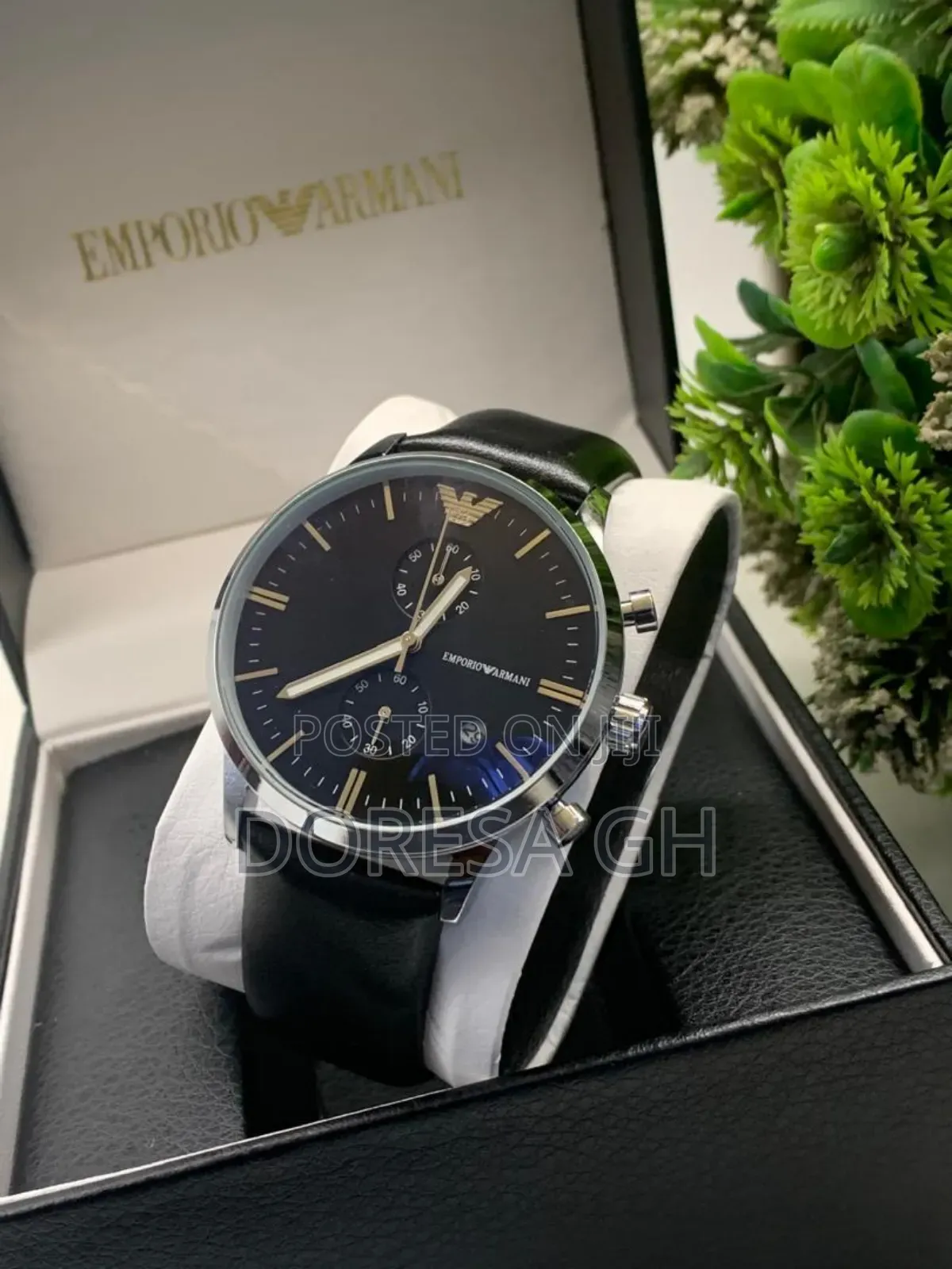 Armani Chronograph Leather Watch – Black Leather Strap Watch for Men