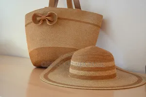 Straw Hat and Straw Bag Two-Piece Set Sun Hat Large Capacity Tote Bag