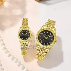 2-in-1 Gold Couple Watches, Classic Black Dial Quartz Set