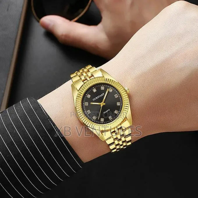 2-in-1 Gold Couple Watches, Classic Black Dial Quartz Set
