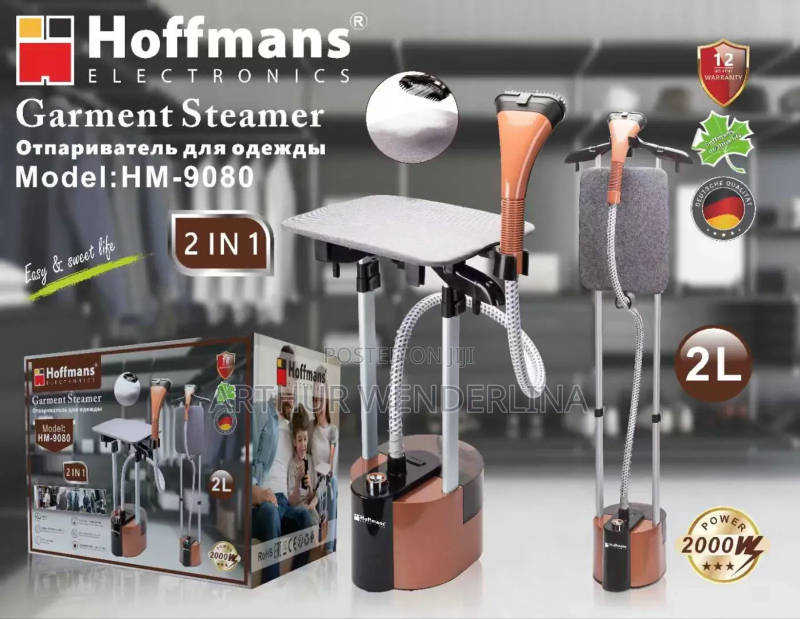 Hoffman Garment Steamer With Ironing Board Stand 2L Water Tank .