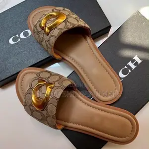 Coach Signature Monogram Slippers Gold-Tone C Logo Flat Slides