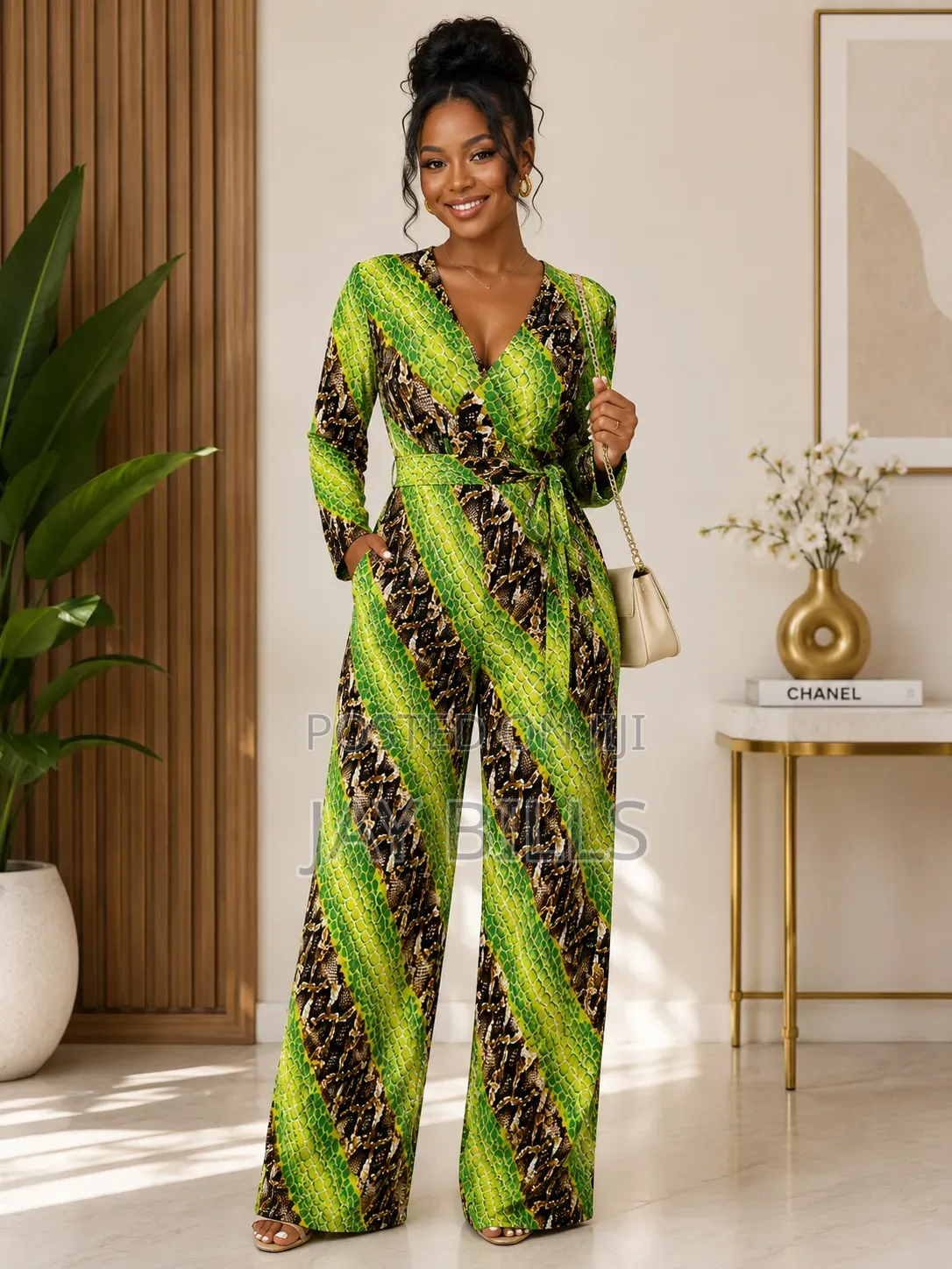 "Women's Green Snake Print Long Sleeve Wrap Wide-Leg Jumpsuit."