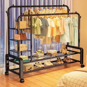 Double Rod Metal With Shelves Clothes and Shoes Rack