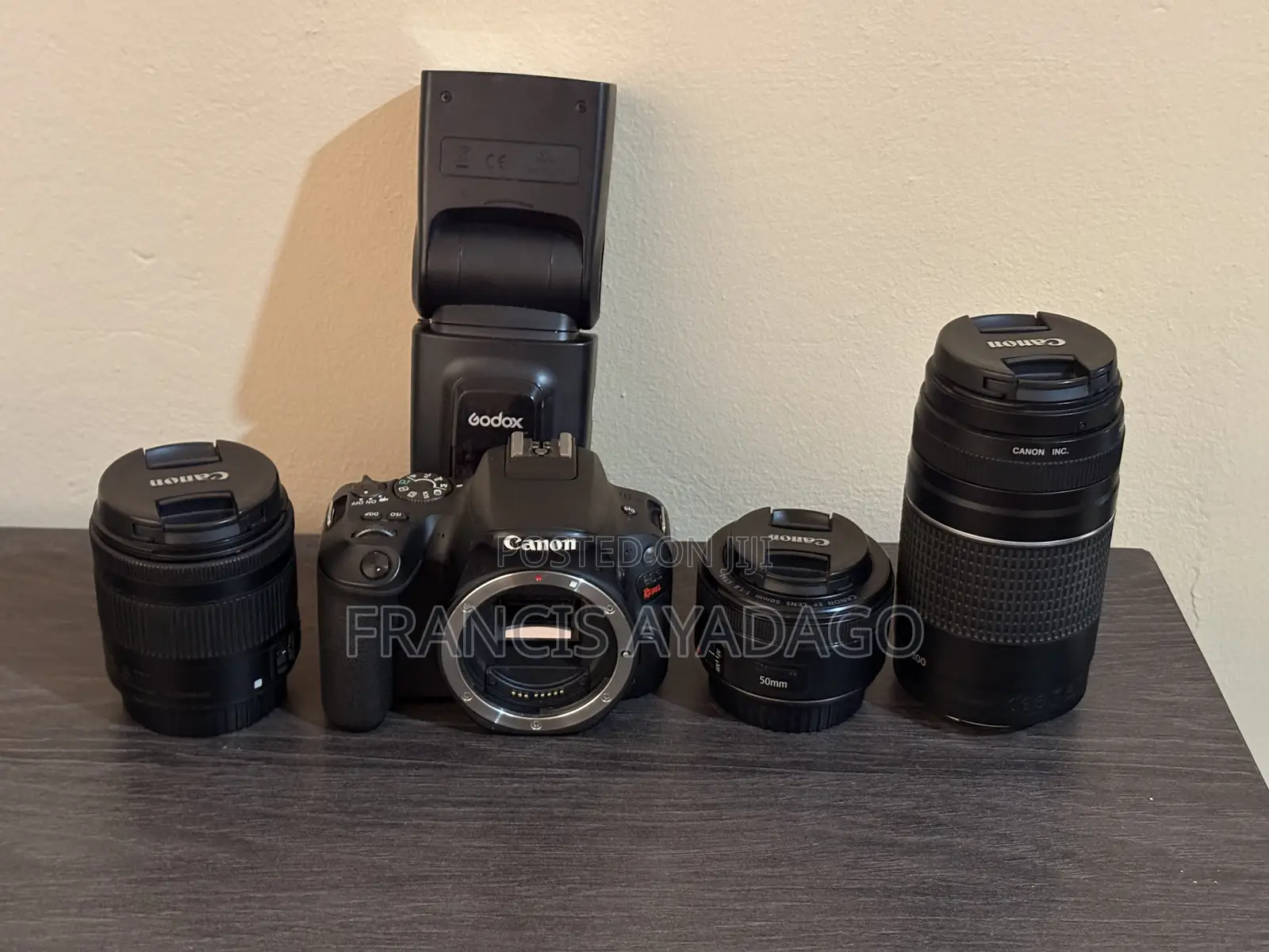 Canon EOS 200D Camera Body With 3 Lenses and a Godox Flash Light.