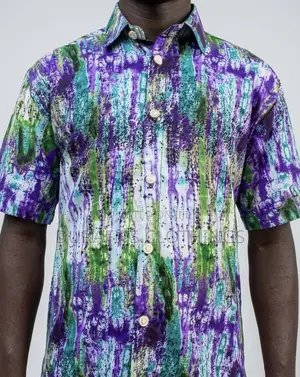 Men’s Purple Green African Print Batik Short-Sleeve Shirt