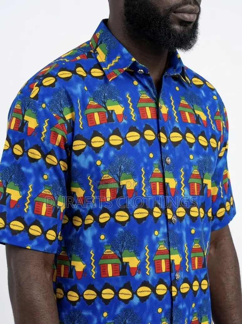 Men’s Blue Heritage Motif African Print Short-Sleeve Shirt