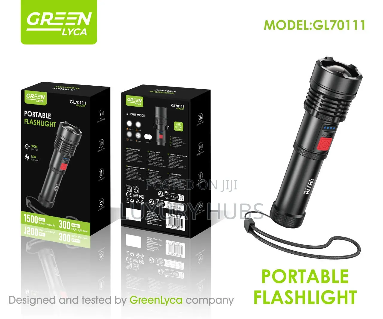 Rechargeable LED Flashlight | 1500mAh | 300 Lumens | 500M Long Range