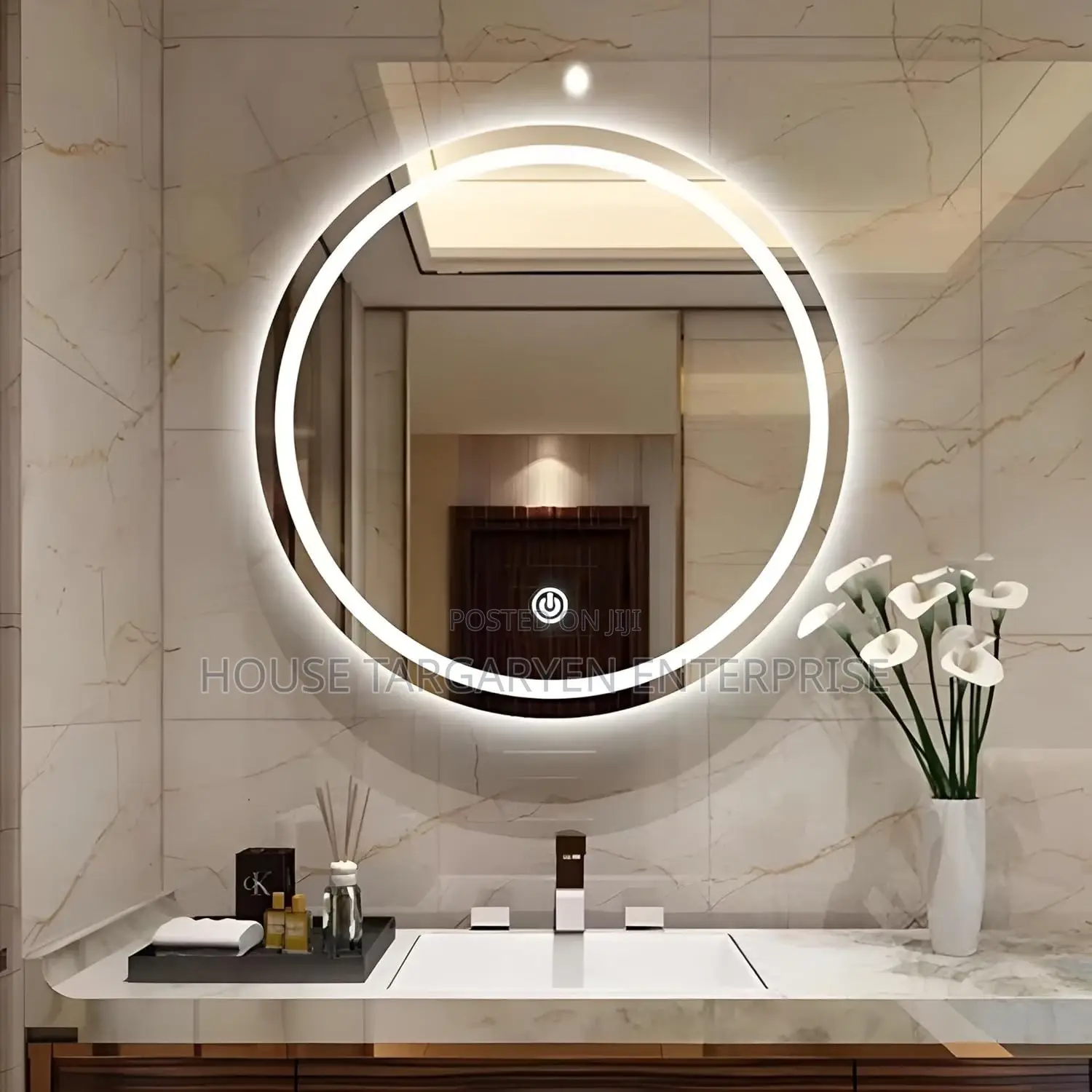 Round LED Bathroom Mirror With Touch Sensor Backlit Halo Light