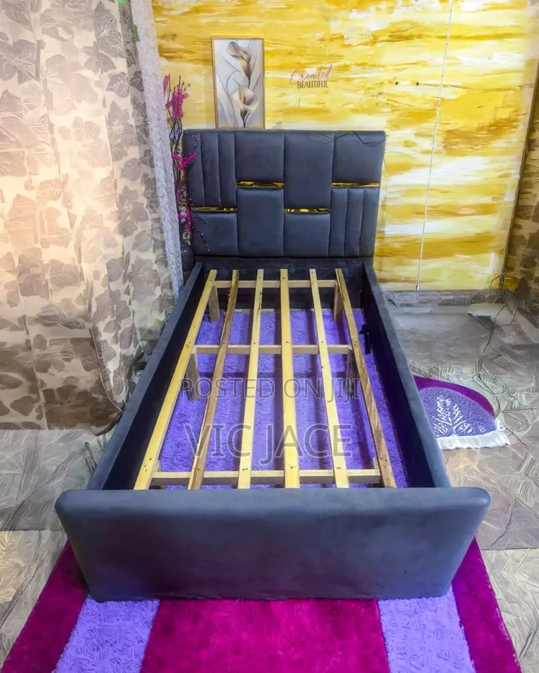 1 and Half - Grey Bed Frame With Gold Decorations?