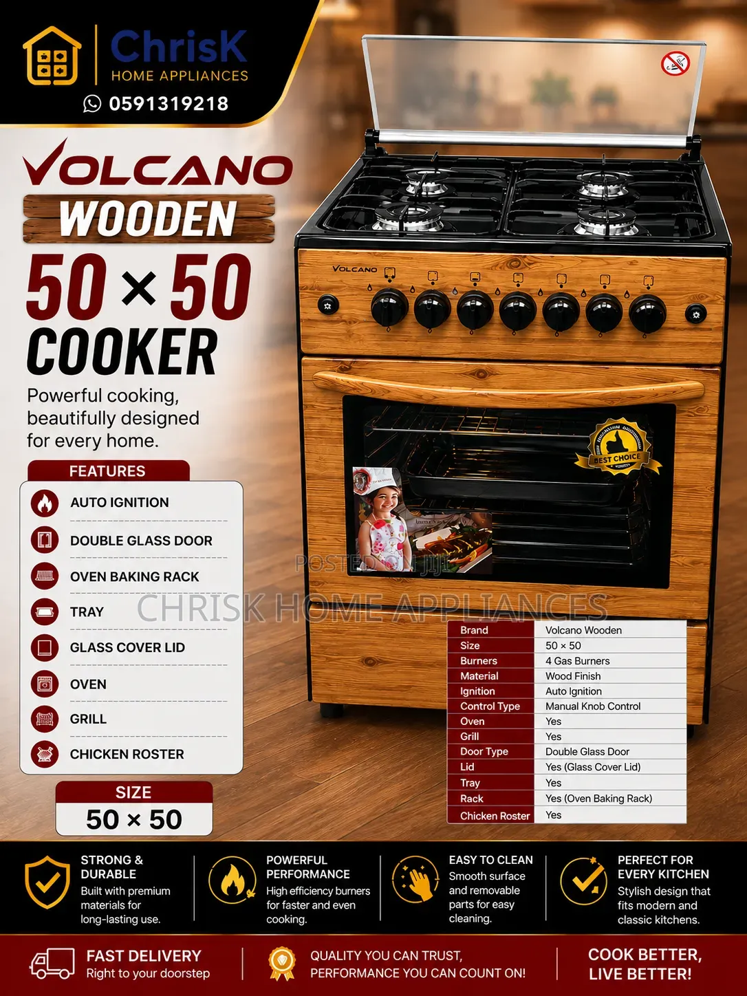 Volcano Wooden 50×50 Gas Cooker