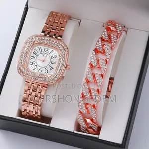 2 PCS Elegant Studed Wrist Watches for Ladies + Bracelet - Rose Gold
