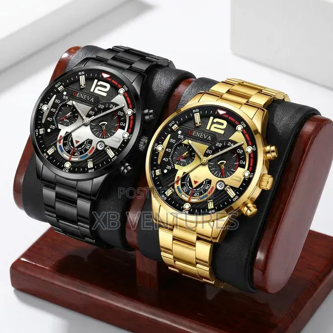 2-Piece Geneva Chronograph Style Watch Set - Black Gold