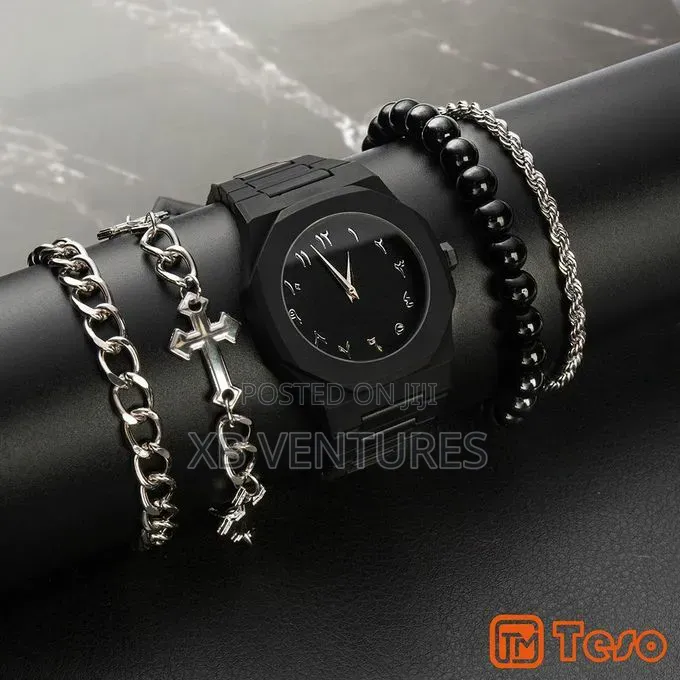 2-in-1 Teso Men's Sport Quartz Watch With Cross Bracelet - Black