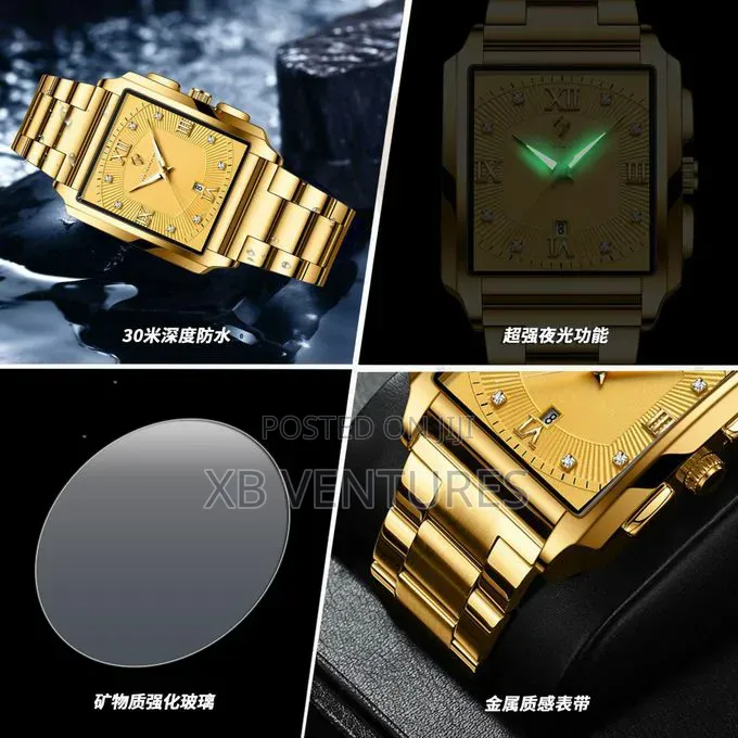 Rectangular Calendar Watch Waterproof Luminous - Gold