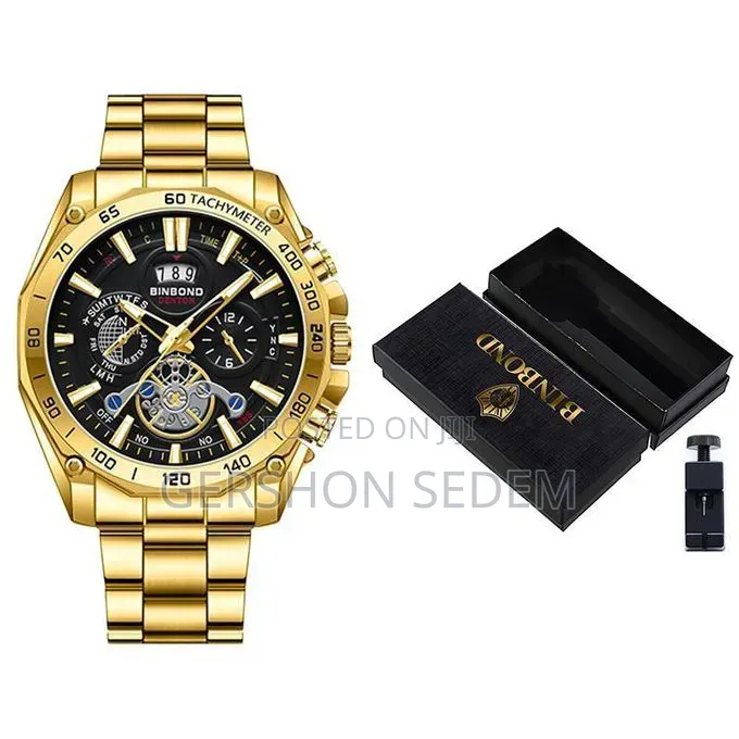 Men’s Business Tourbillon Watch – Steel Band, Gold Finish (Gift Set)