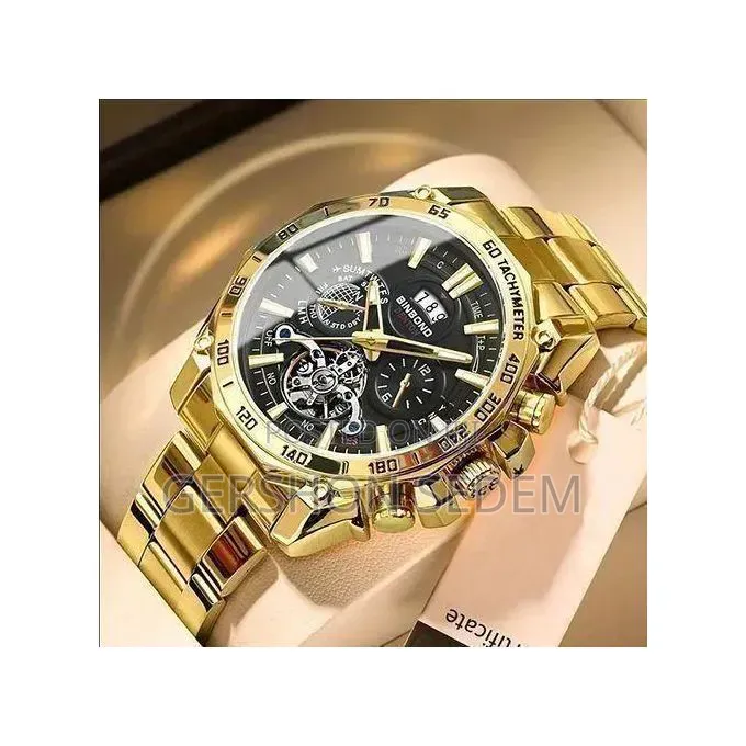 Men’s Business Tourbillon Watch – Steel Band, Gold Finish (Gift Set)