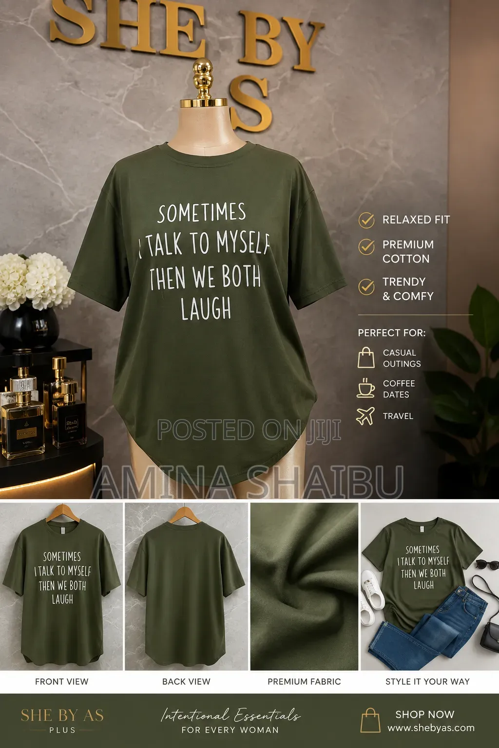 She by AS Luxury Casual Olive Green Typography T-Shirt