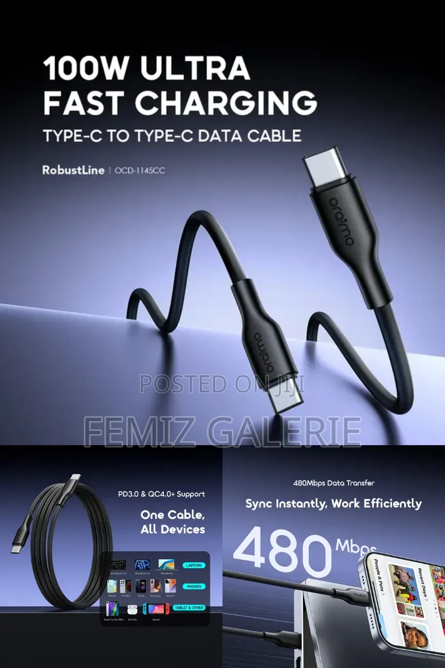 Oraimo RobustLine 100W High‐Speed Durable Type-C to Type-C Data Cable