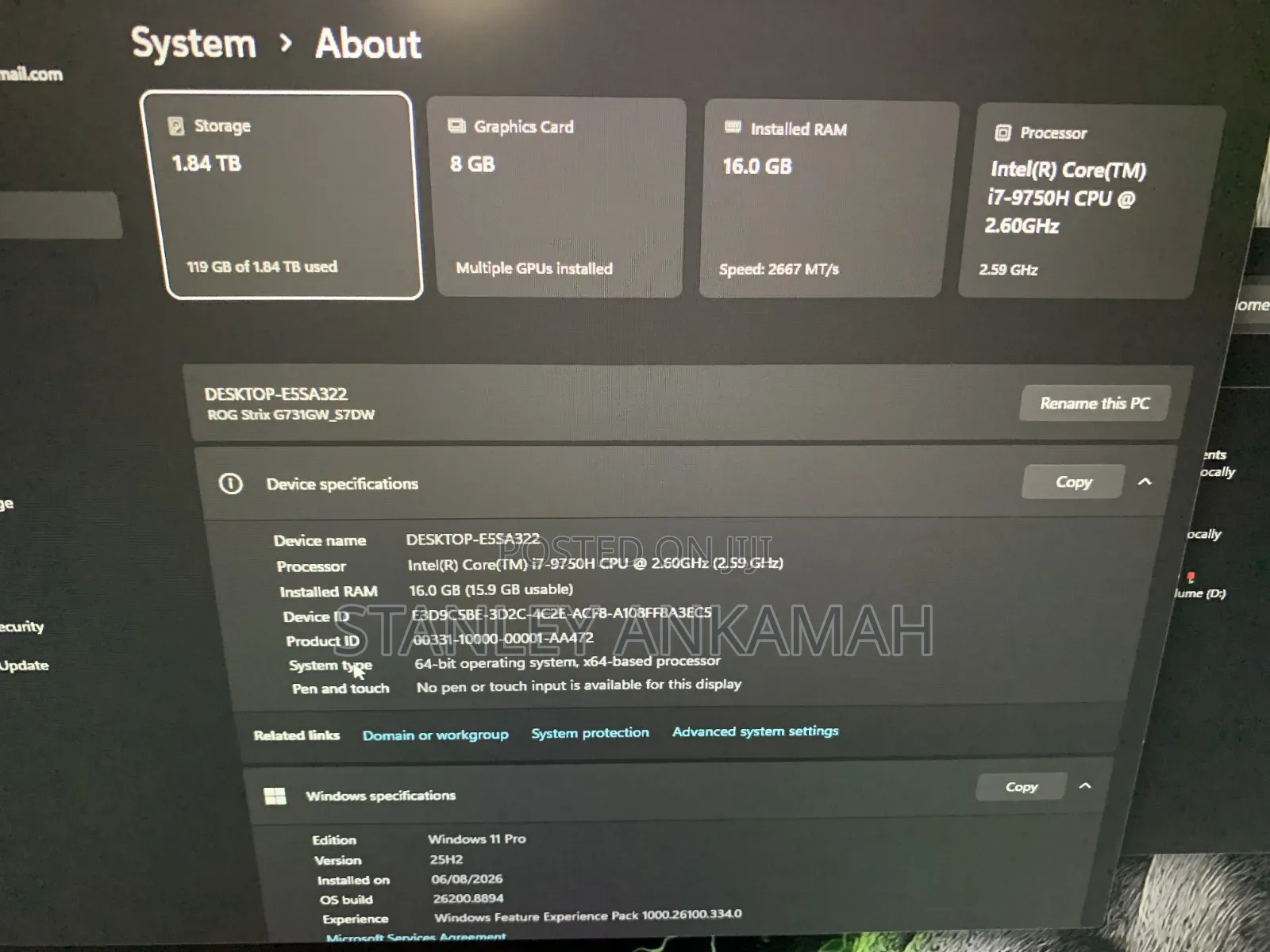 Laptop Asus ROG Strix G731G 16GB Intel Core i7 HDD+SSD 2T